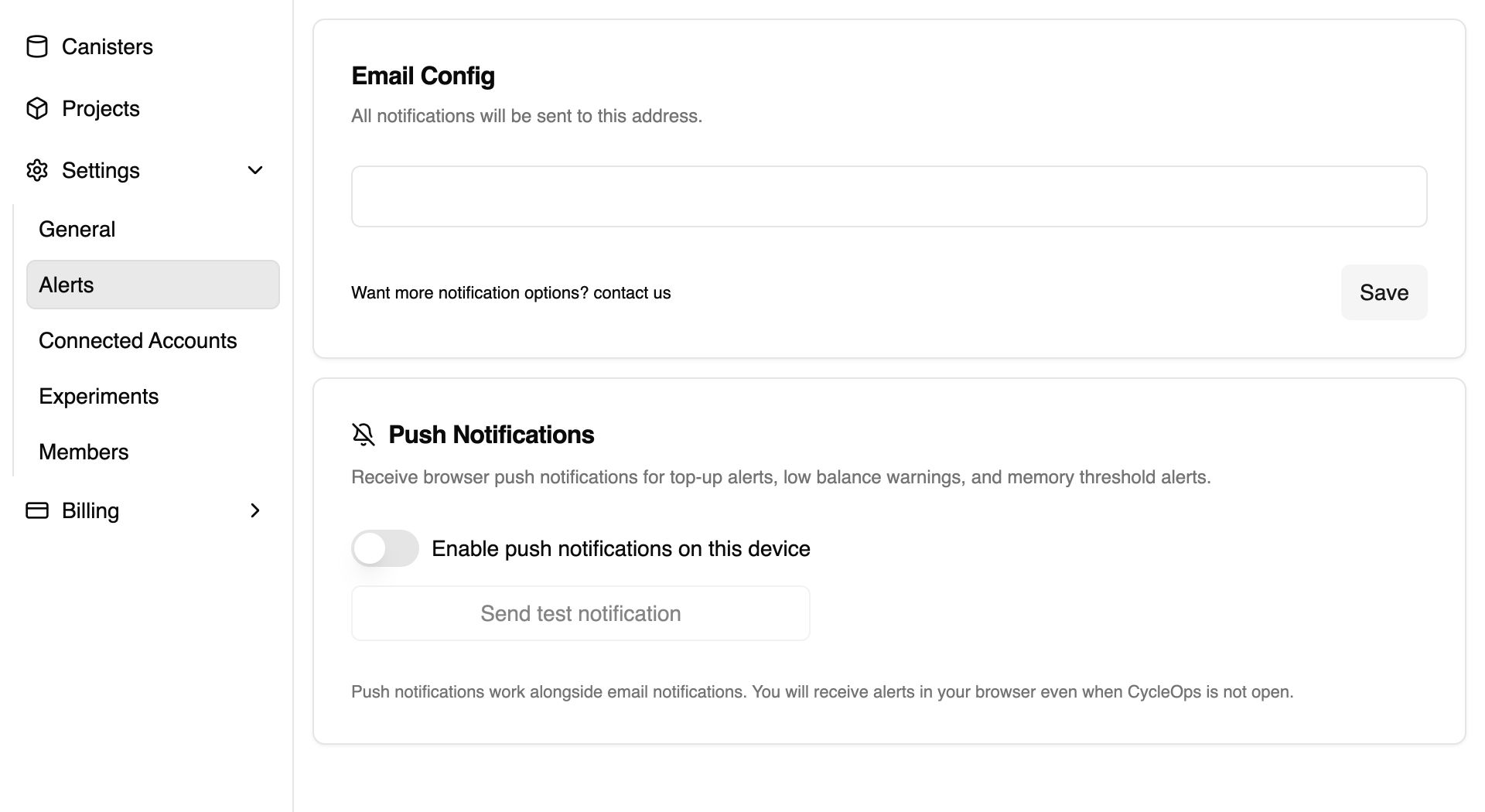 The Push Notifications card on the CycleOps Alerts page, with the per-device enable switch.